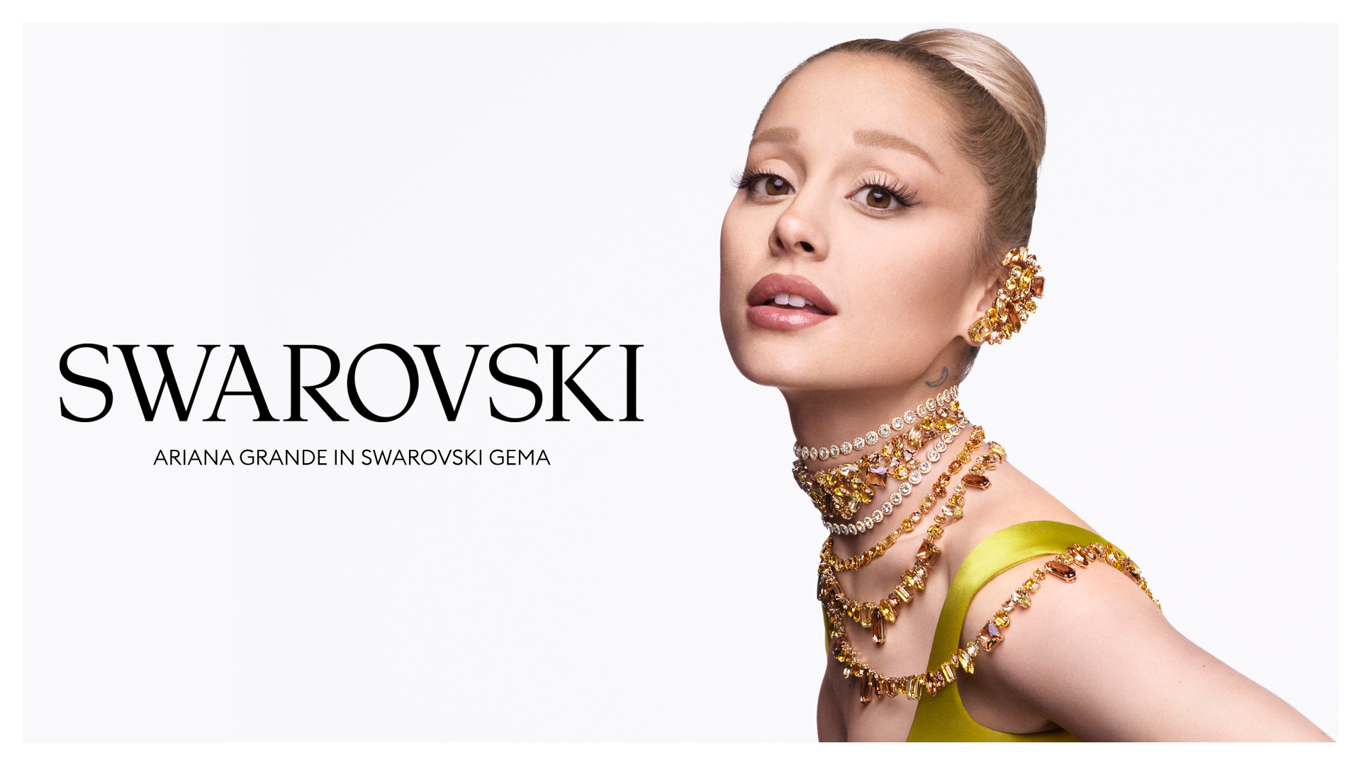Ariana Grande in the Swarovski Gema Collection — Luxurious Portrait with Sparkling Gold-Colored Necklaces, Ear and Arm Jewelry