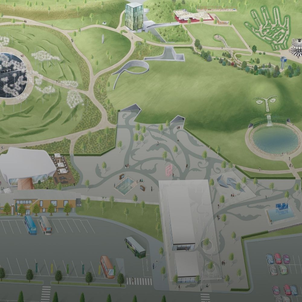 Map der Swarovski Kristallwelten in Wattens mit Eingangsgebäude, Parkplätzen, dem Riesen mit Wasserfall, Spiegelwasser mit Kristallwolken und dem Labyrinth im Park.
