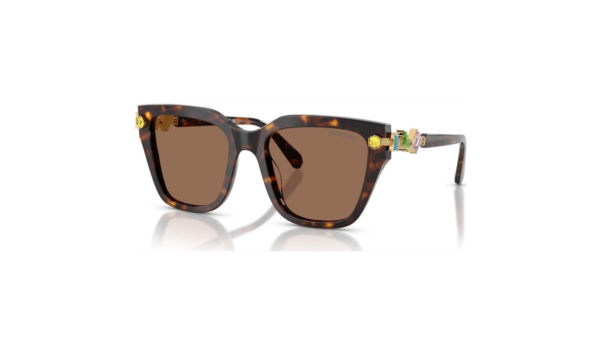 Luxurious Swarovski sunglasses with brown Havana frames, gold-colored details and multicolor crystals on the temples.
