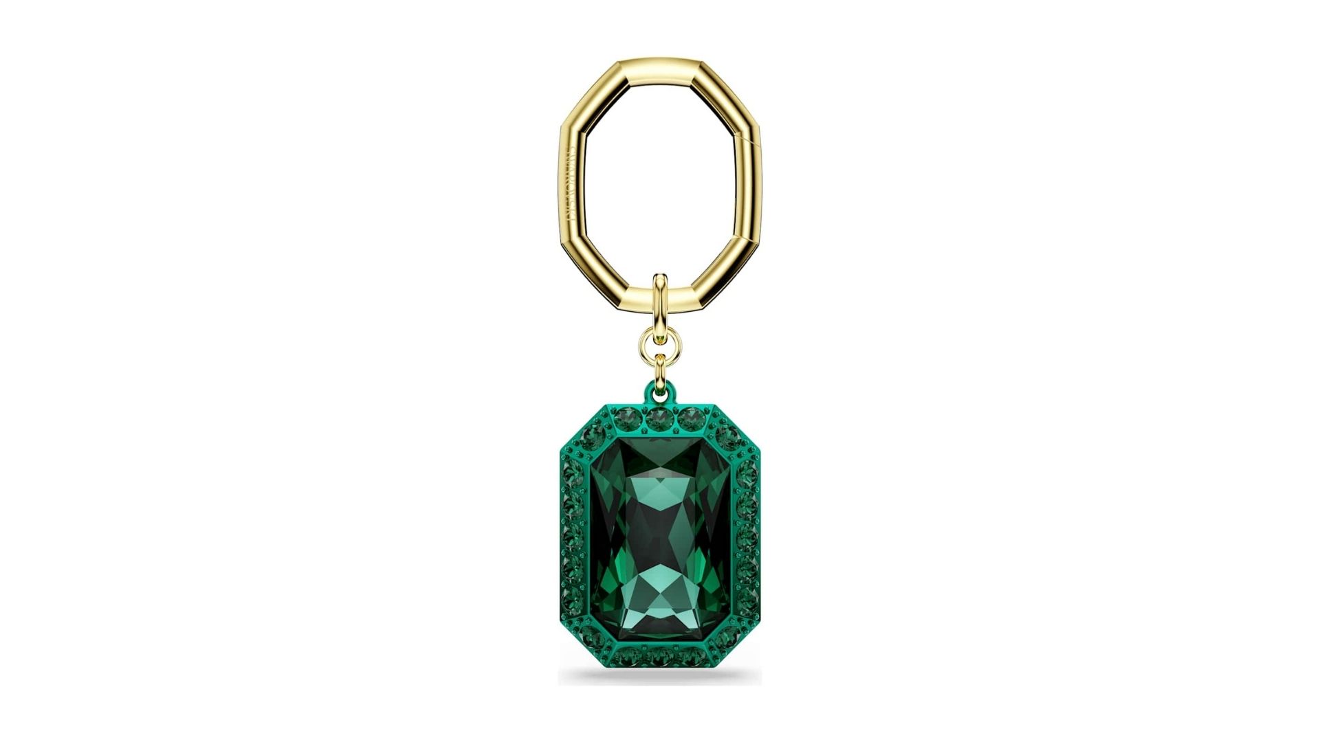 Swarovski Schlüsselanhänger mit großem, smaragdgrünem Kristall im rechteckigen Schliff und goldfarbener Metallöse.