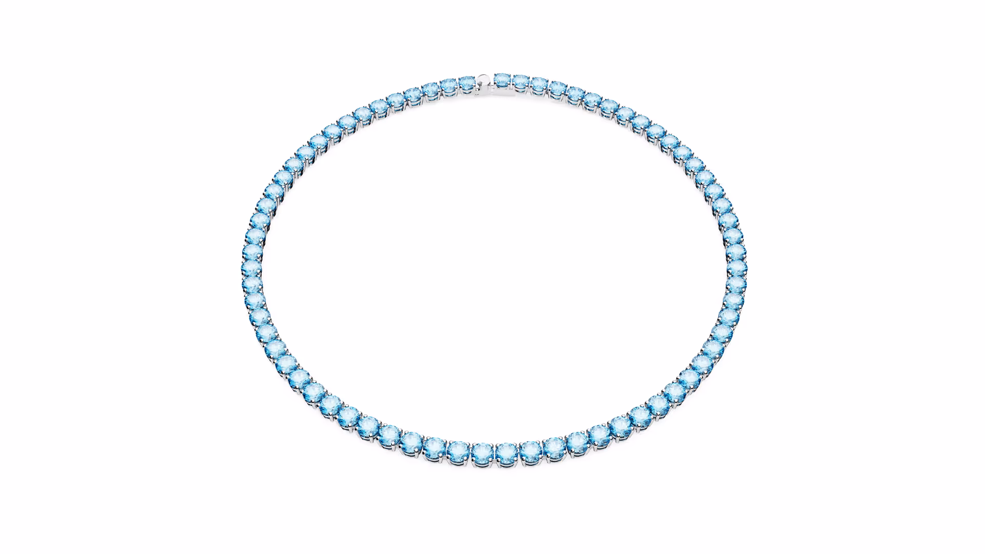 Elegant bracelet with evenly spaced, bright blue crystals in a silver-tone setting. The bracelet is oval-shaped and exposed against a white background, focusing on the clear lines and uniform sparkle of the stones.