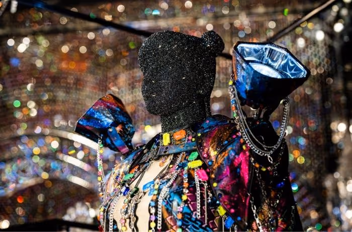 On display is the iconic stage outfit that K-pop artist Lisa wore at the Coachella Festival 2025 — an extravagant ensemble, richly decorated with Swarovski crystals and colorful decorative elements, presented in the Chamber of Wonder “The Art of Performance”.