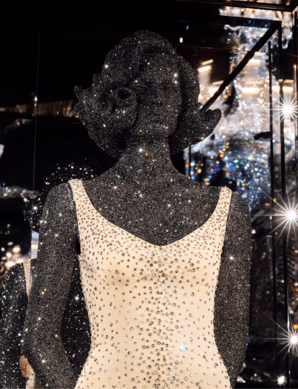 Crystal-studded, skin-colored dress by Marilyn Monroe, on display in the Chamber of Wonder “The Art of Performance” at Swarovski Kristallwelten.