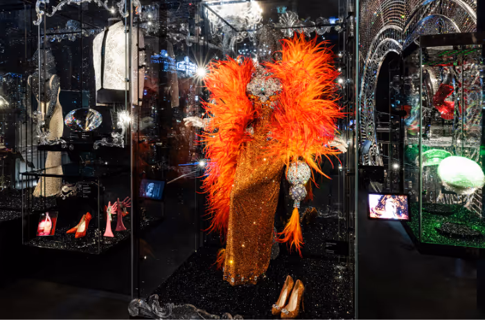 Stage outfit by Dita Von Teese with opulent feathers and Swarovski crystals, exhibited in the Chamber of Wonder “The Art of Performance” at Swarovski Kristallwelten.