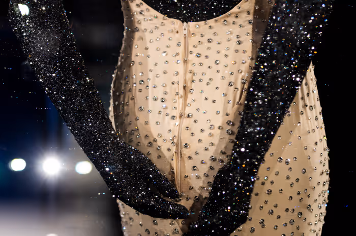 Crystal-studded, skin-colored dress by Marilyn Monroe, on display in the Chamber of Wonder “The Art of Performance” at Swarovski Kristallwelten.
