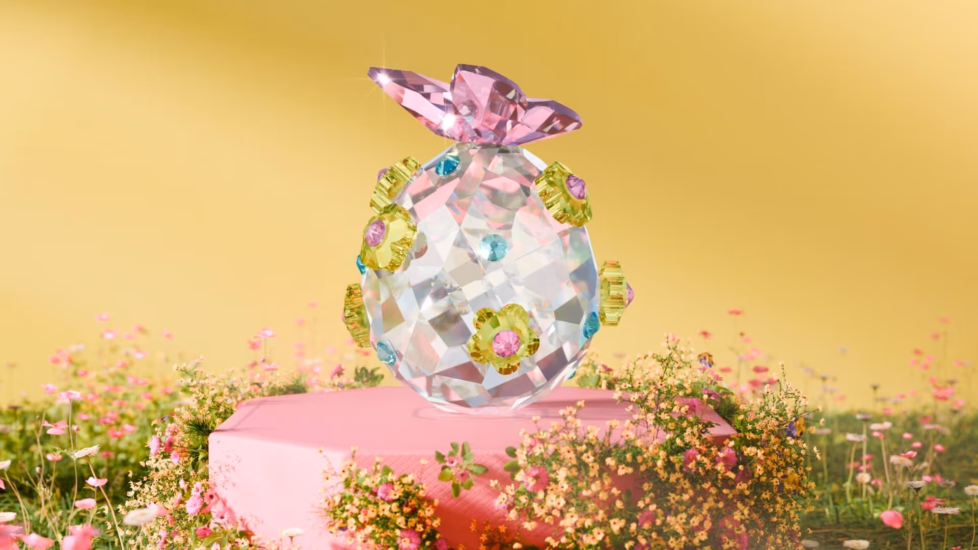 A sparkling crystal Easter egg stands in the middle of a meadow with small pink and yellow flowers. The egg is decorated with flower-shaped crystal elements in yellow, pink and blue. The background is softly illuminated in yellow and conveys a spring-like atmosphere.