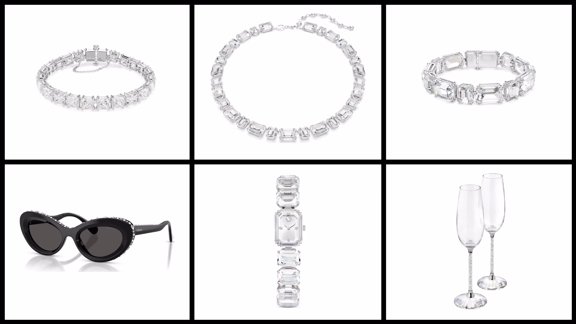 Collage mit sechs Swarovski Produkten: zwei funkelnde Kristallarmbänder, eine Halskette, schwarze Sonnenbrille, elegante Armbanduhr und zwei filigrane Sektgläser vor hellem Hintergrund.