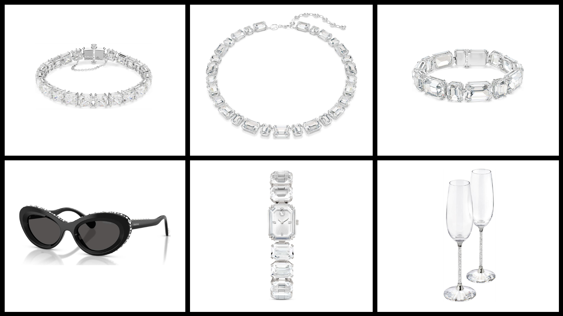 Collage mit sechs Swarovski Produkten: zwei funkelnde Kristallarmbänder, eine Halskette, schwarze Sonnenbrille, elegante Armbanduhr und zwei filigrane Sektgläser vor hellem Hintergrund.