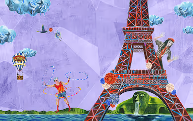Verspielte Zirkus-Collage mit Eiffelturm, Artist:innen, Heißluftballon und surrealen Wolken vor violettem Hintergrund.
