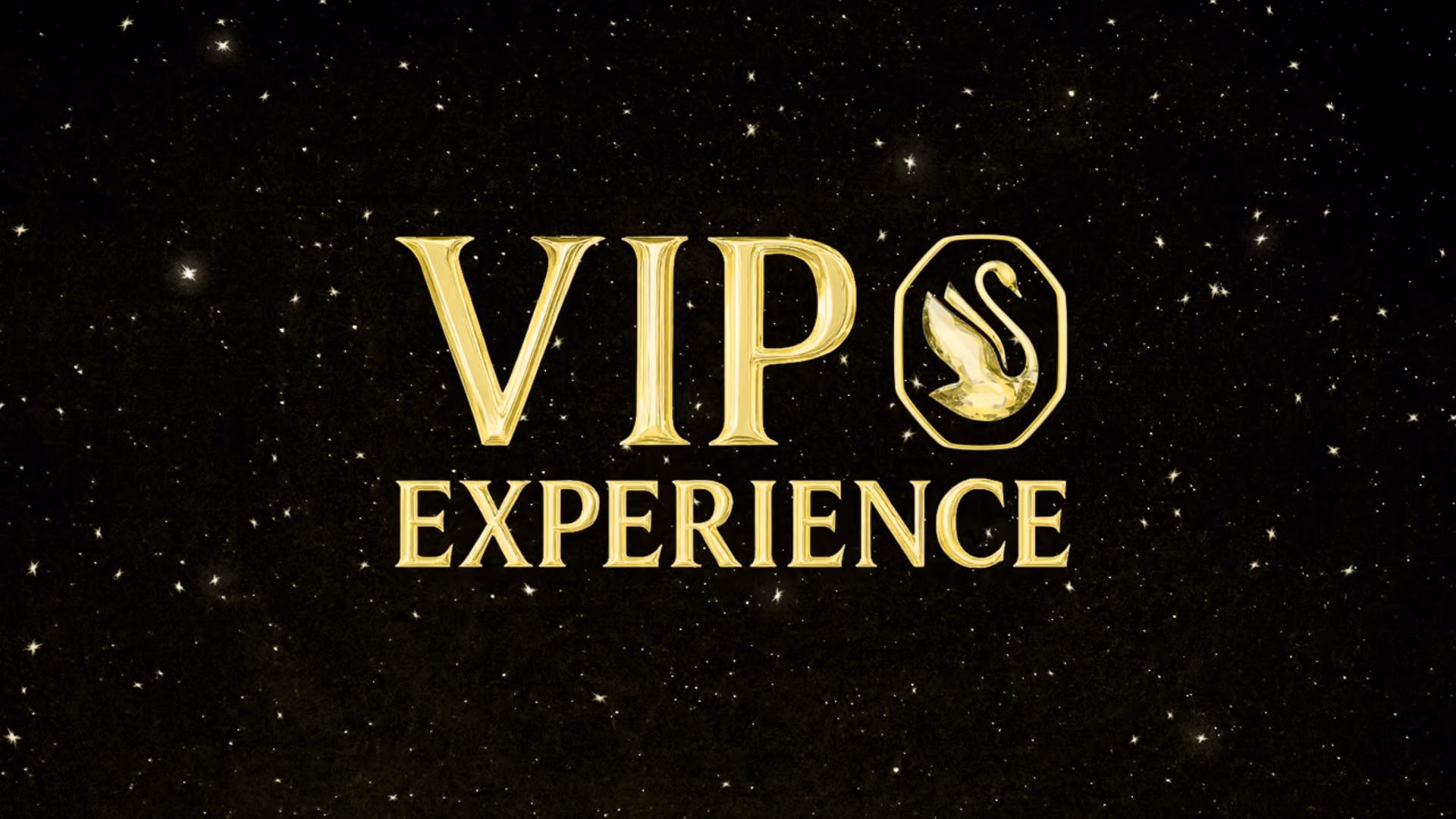 VIP EXPERIENCE in Goldschrift mit Swarovski-Schwanenlogo auf schwarzem, sternenbesetztem Hintergrund.
