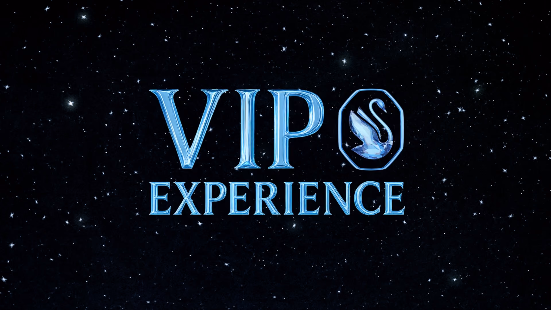 VIP EXPERIENCE in blue lettering with Swarovski swan logo on black, starry background.