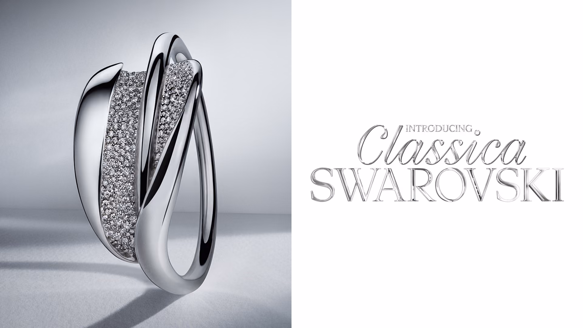 Silver-colored Swarovski Classica ring with sparkling crystals against a light background, next to the lettering “Introducing Classica Swarovski”.