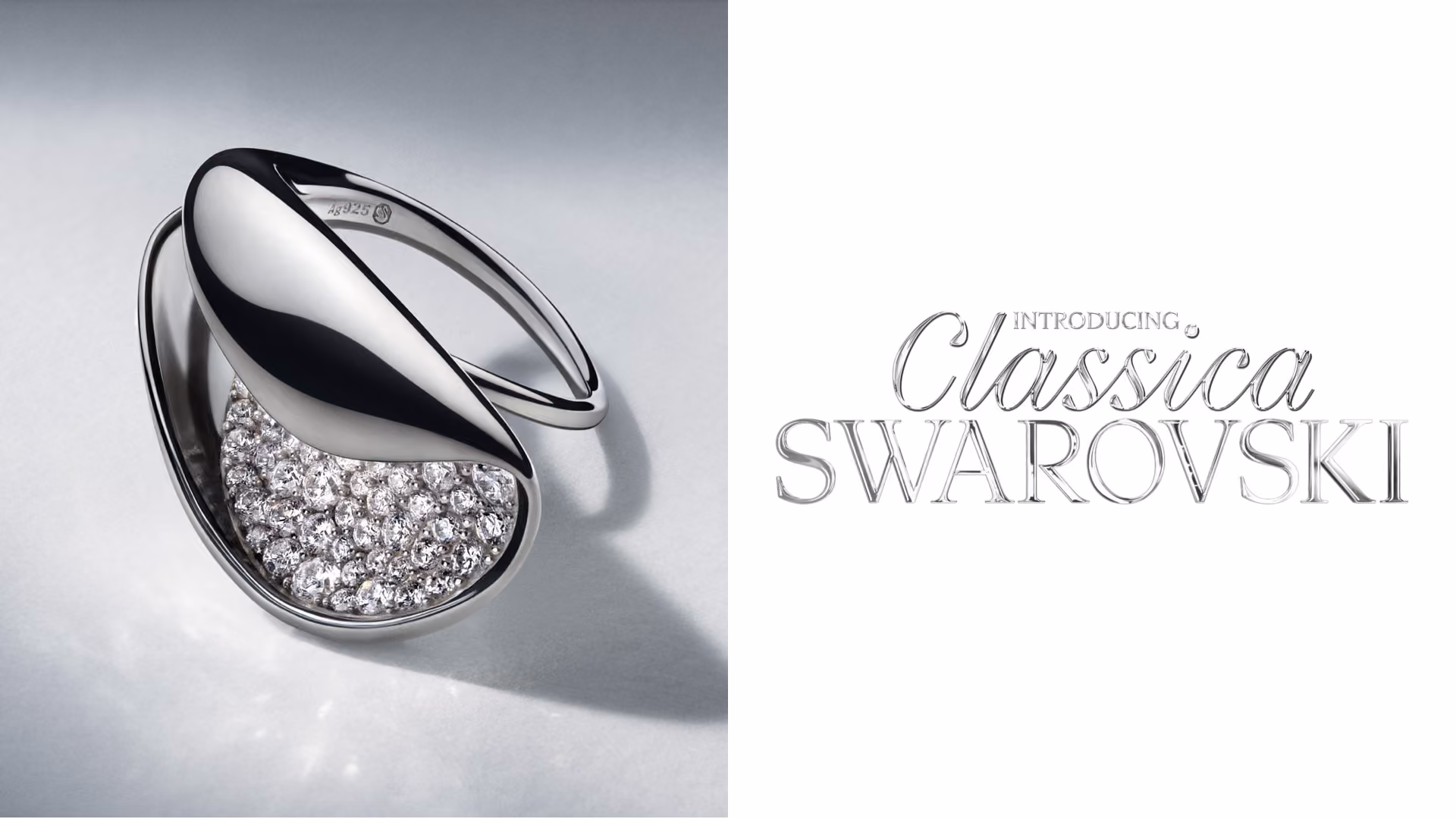 Silver-colored Swarovski Classica ring with sparkling crystals against a light background, next to the lettering “Introducing Classica Swarovski”.