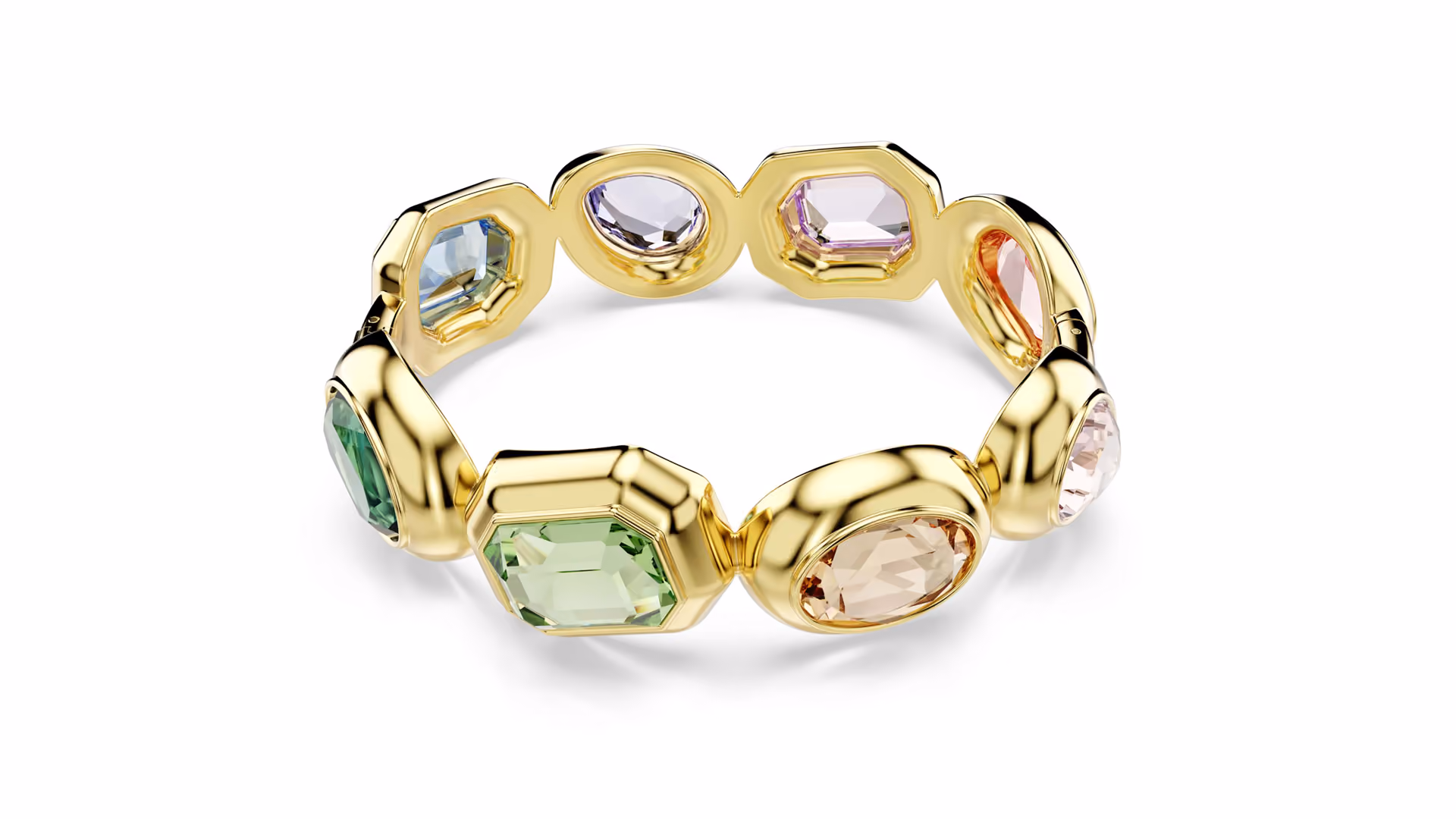 Swarovski bangle with large, colorful crystals, presented against a bright background.