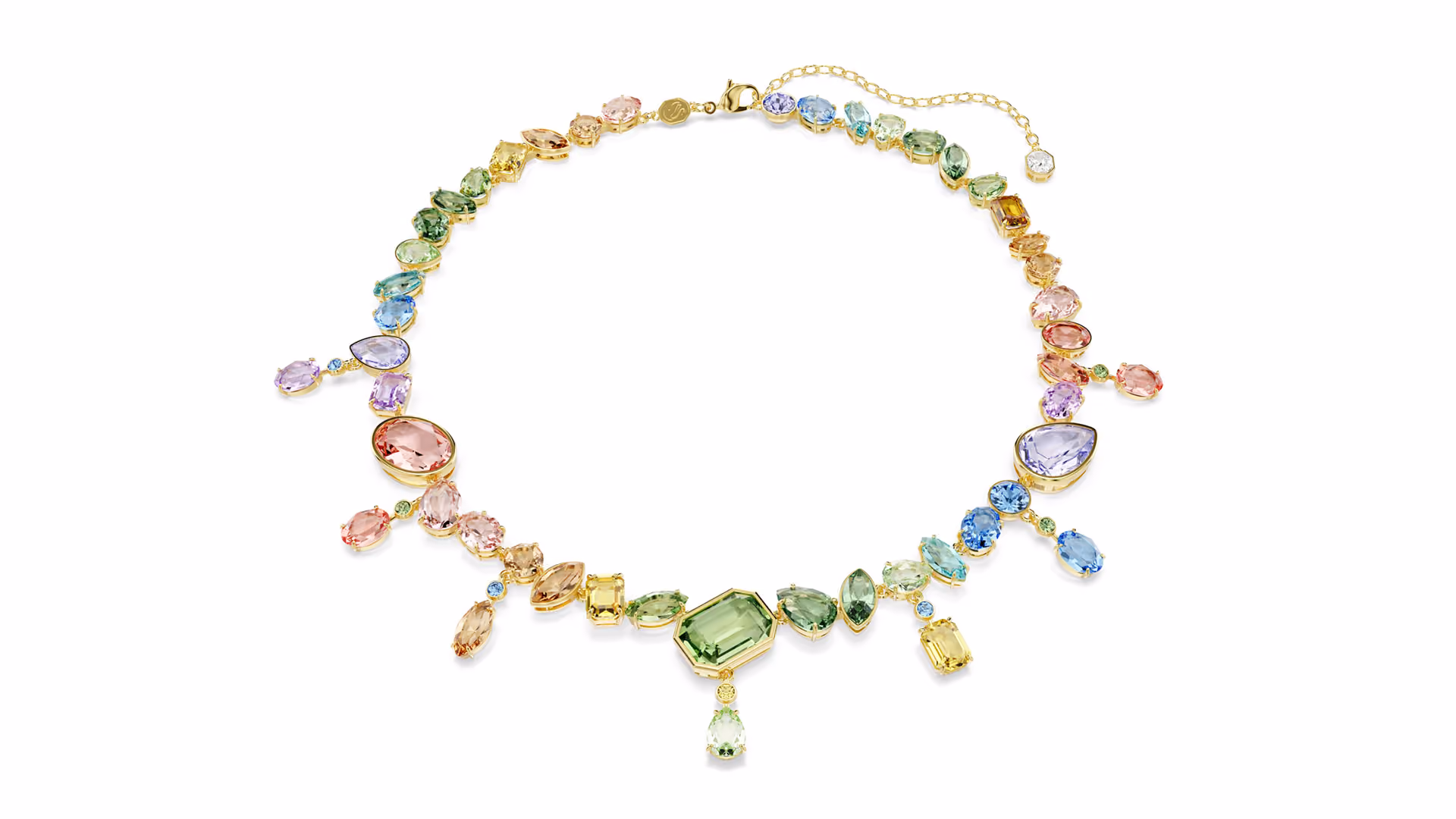 Necklace studded with colorful crystals against a bright background.