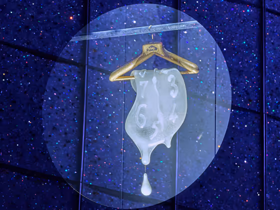 Surreales Werk inspiriert von Salvador Dalí: Eine schmelzende Uhr mit fließender Form hängt an einem Kleiderbügel, die Ziffern verlaufen nach unten und enden in einem tropfenförmigen Kristall. Hintergrund in Blau mit glitzernden Kristallakzenten.
