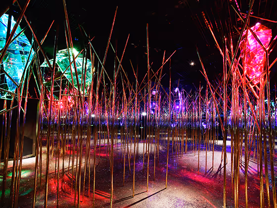 Installation 'Eden': Fantastischer surrealer Wald mit überdimensionalen Kristallen und spiegeln welche den Raum unendlich wirken lässt.