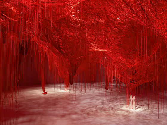 Rauminstallation 'Crystallizing Identity': Hunderte rote Fäden spannen sich durch den Raum und erzeugen ein dichtes Netz aus Licht und Schatten.