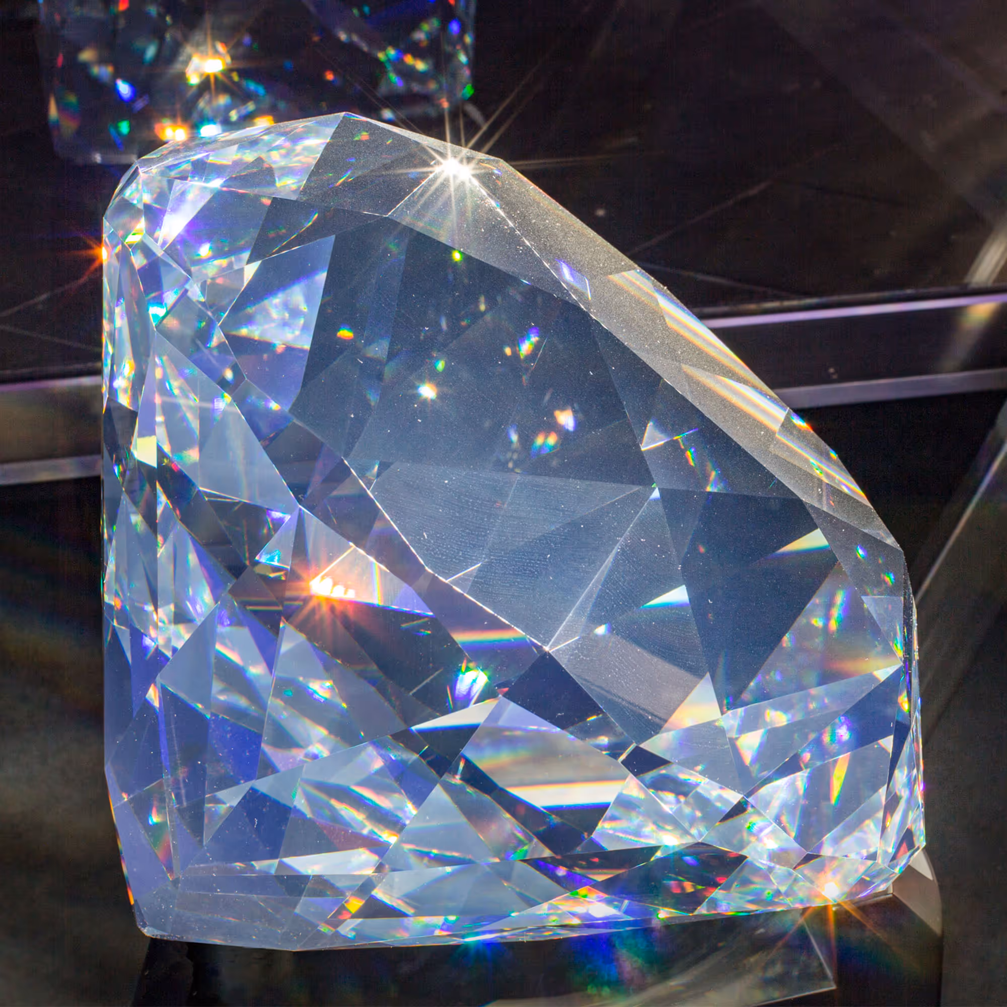 Ein großer Kristall glänzt mit seinen 100 Facetten und spiegelt die Regenbogenfarben wieder