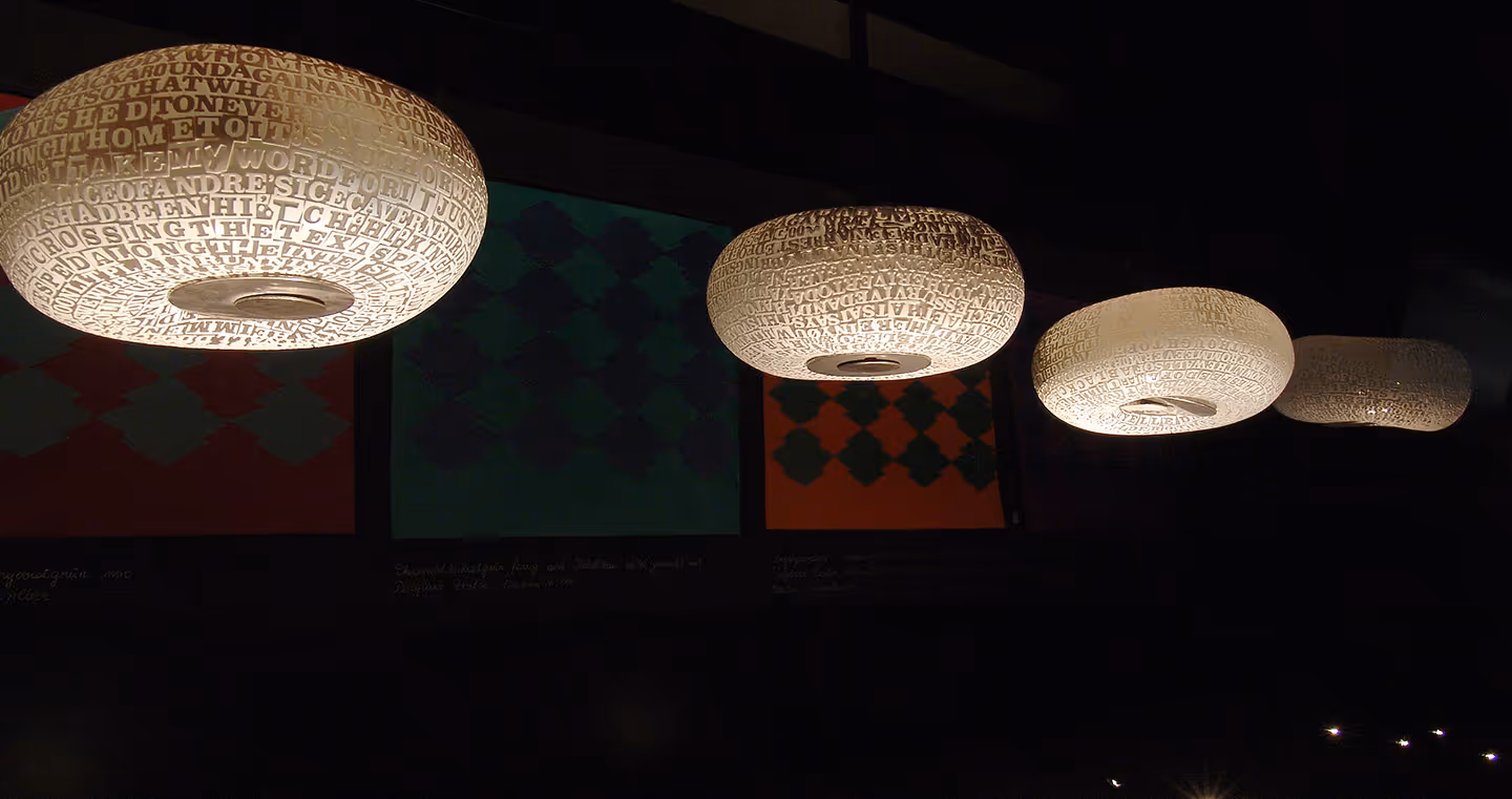 John Brekke, 2004 – Kunstwerk mit leuchtenden Lampenschirmen, die mit Textmustern versehen sind.