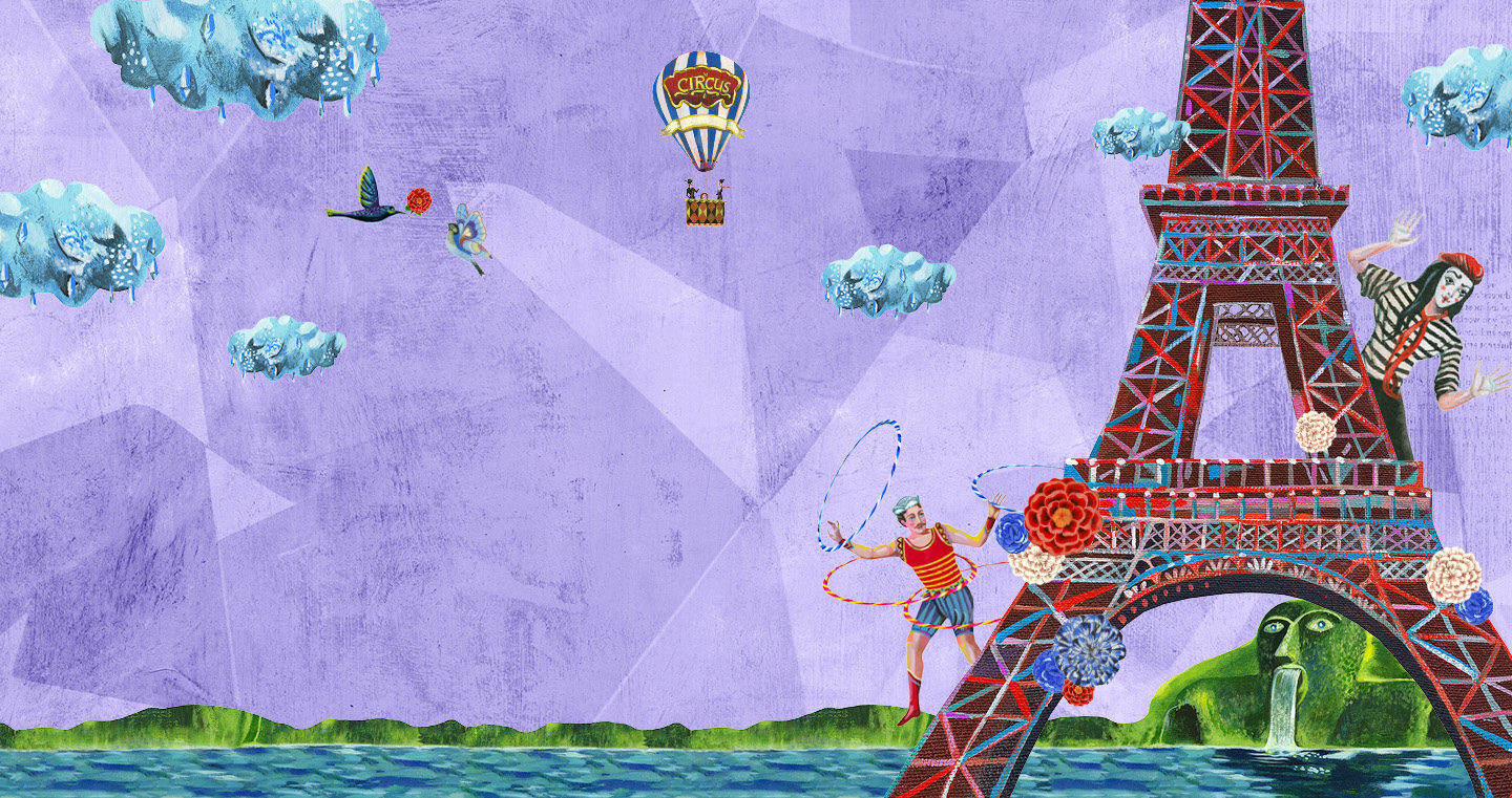 Playful circus collage with the Eiffel Tower, performers, hot air balloon, and surreal clouds on a purple background.