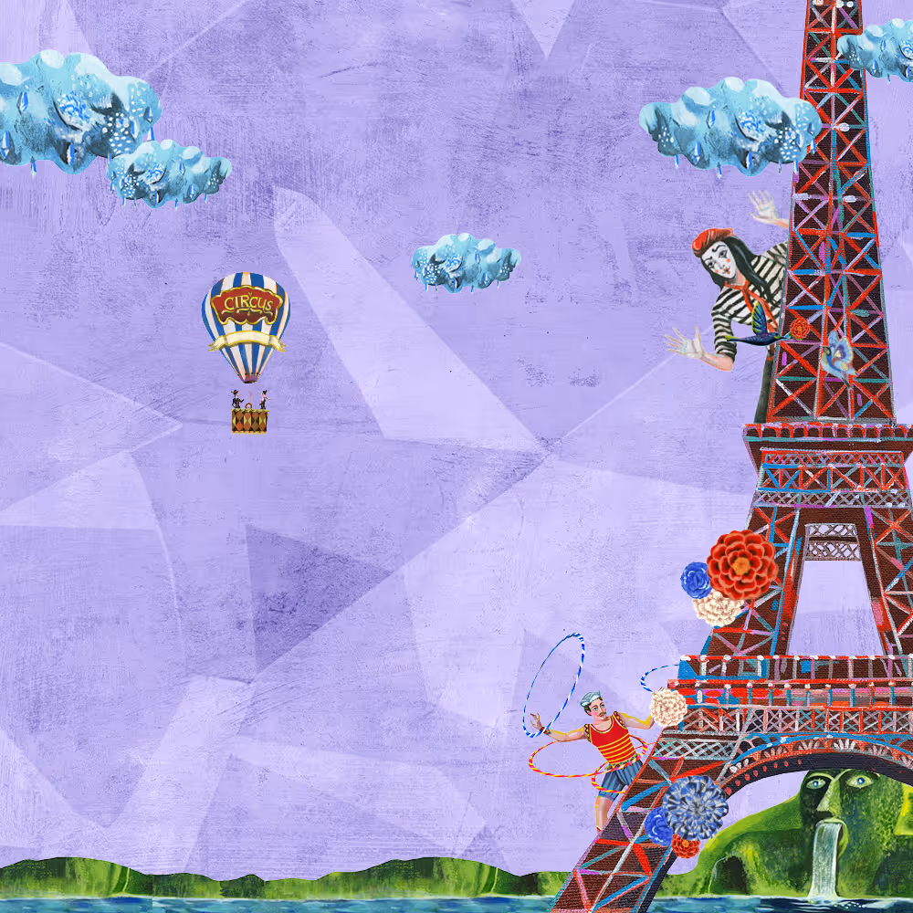 Verspielte Zirkus-Collage mit Eiffelturm, Artist:innen, Heißluftballon und surrealen Wolken vor violettem Hintergrund.