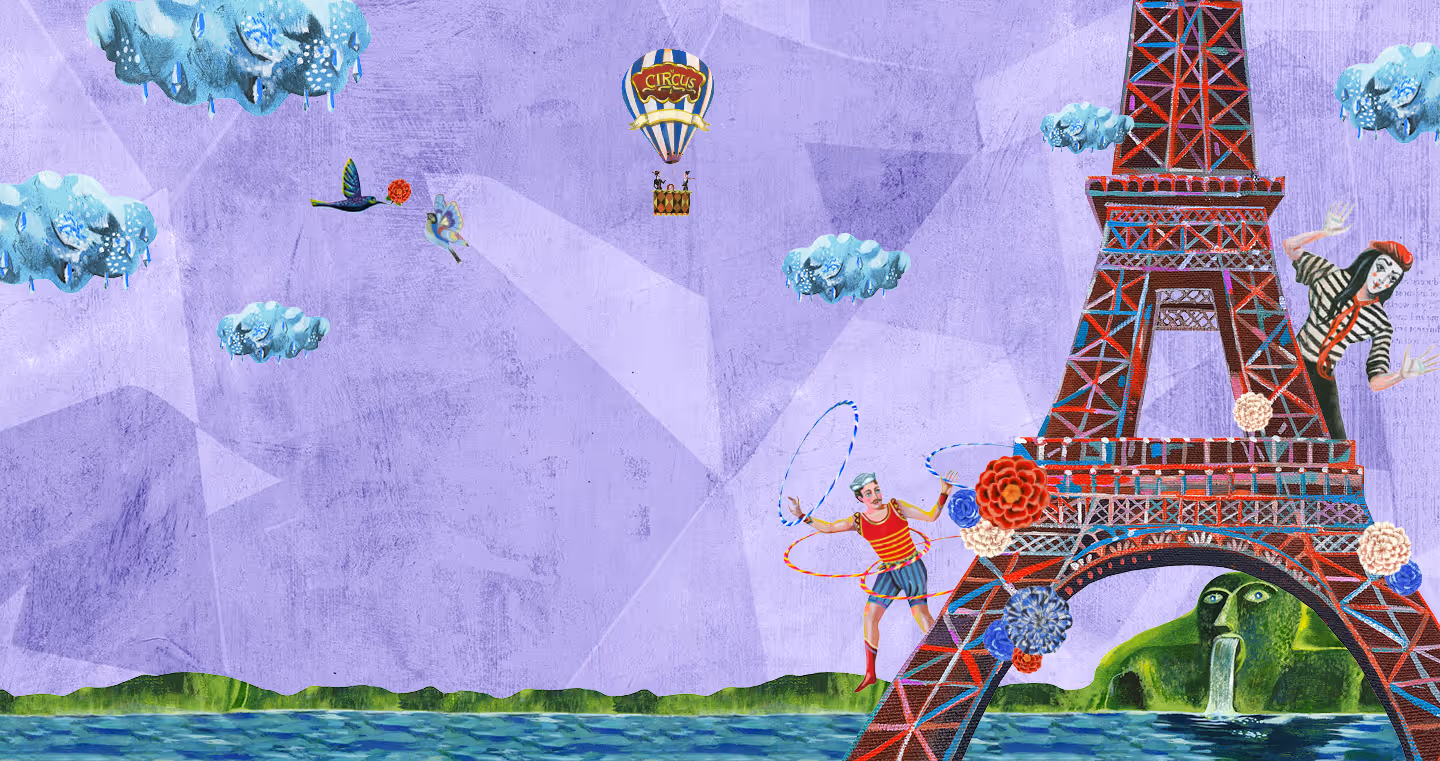 Verspielte Zirkus-Collage mit Eiffelturm, Artist:innen, Heißluftballon und surrealen Wolken vor violettem Hintergrund.