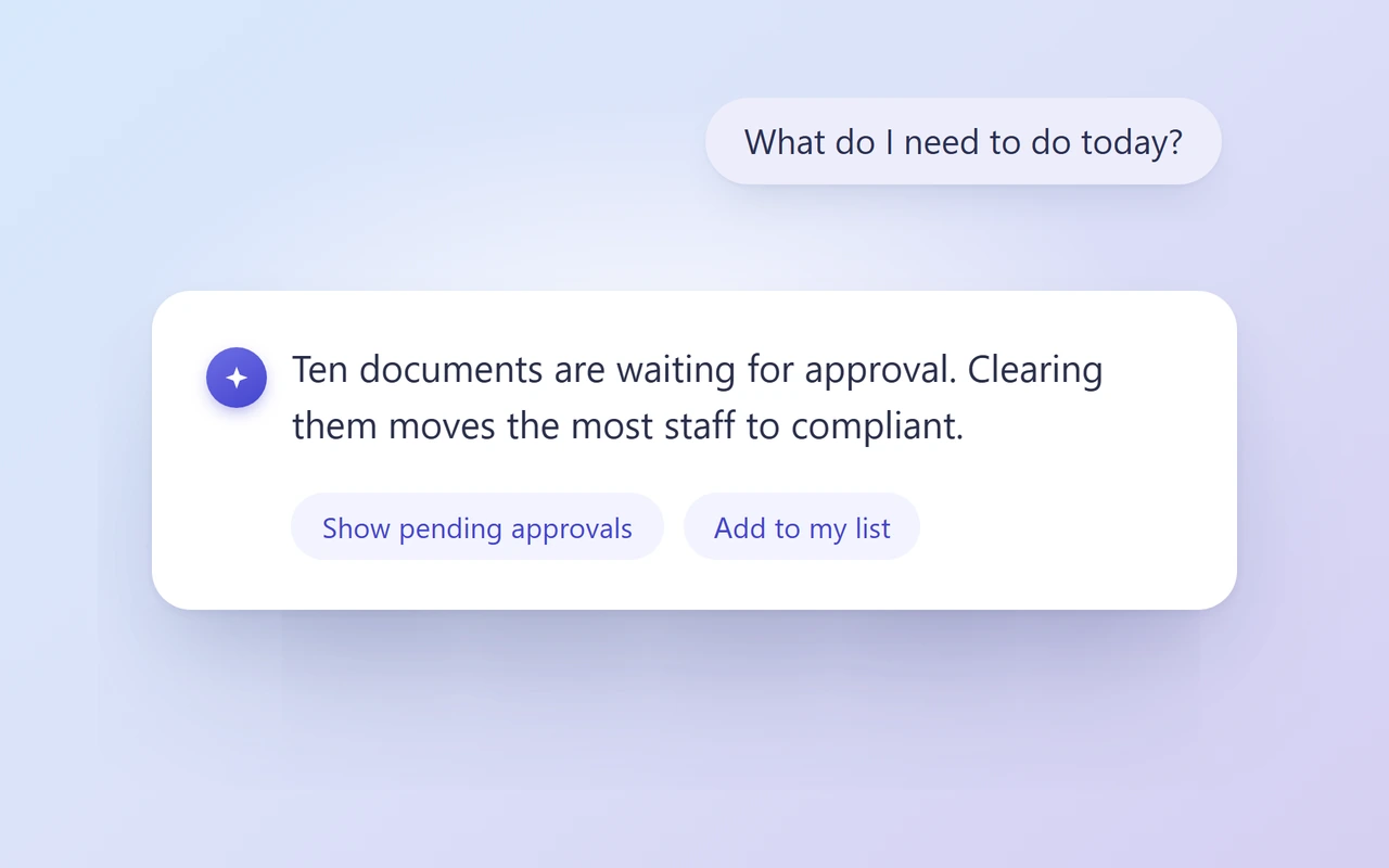 A question asked in chat, answered with the ten documents waiting for approval and an offer to add them to a task list.