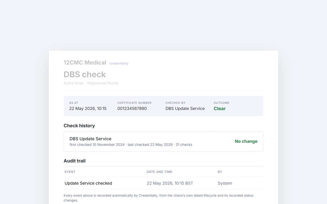 A DBS check record with its check history and a time-stamped audit trail.