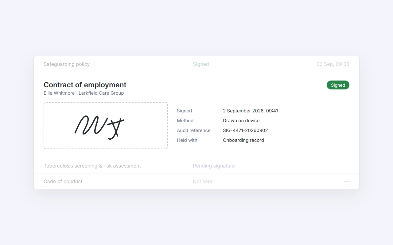 A signed contract of employment, with the signature, date, signing method and audit reference held on the onboarding record.