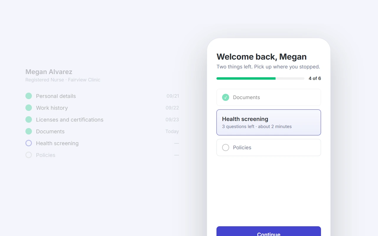 A candidate's onboarding on a phone, with four of six steps done and health screening next.
