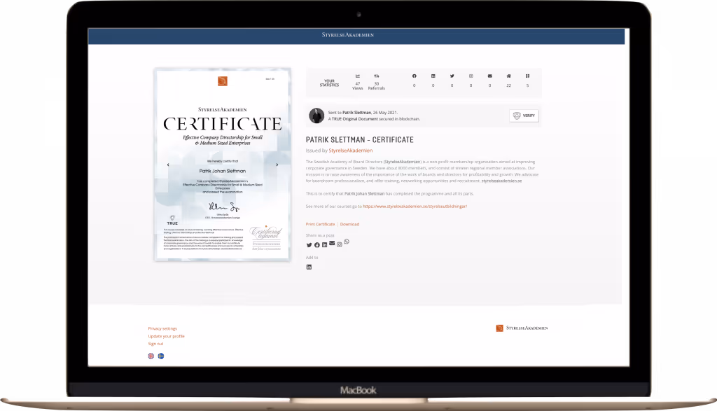 A secure digital certificate issued using TRUE