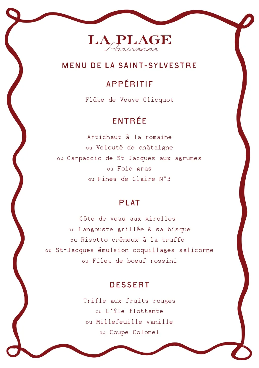 Menu de la Saint-Sylvestre de La Plage Parisienne avec apéritif, entrée, plat et dessert, listant des plats français gourmets.