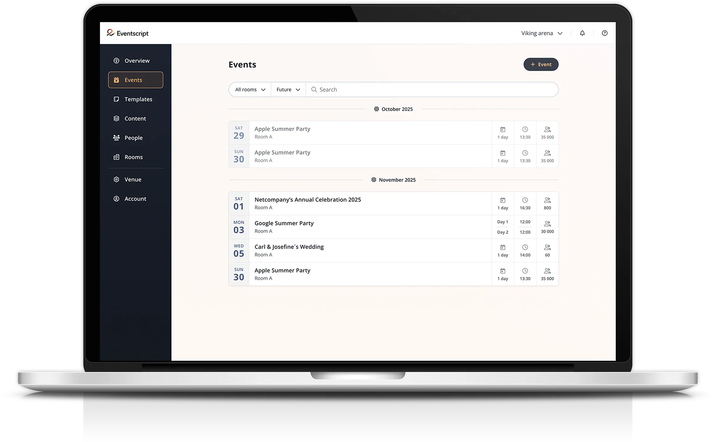 Mockup showing the event overview within the event management platform.