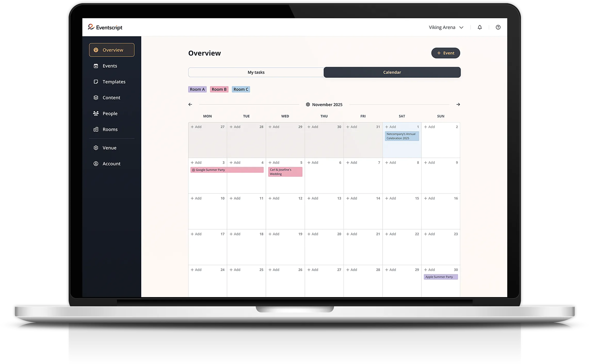 Mockup showing the calendar overview within the event management software.