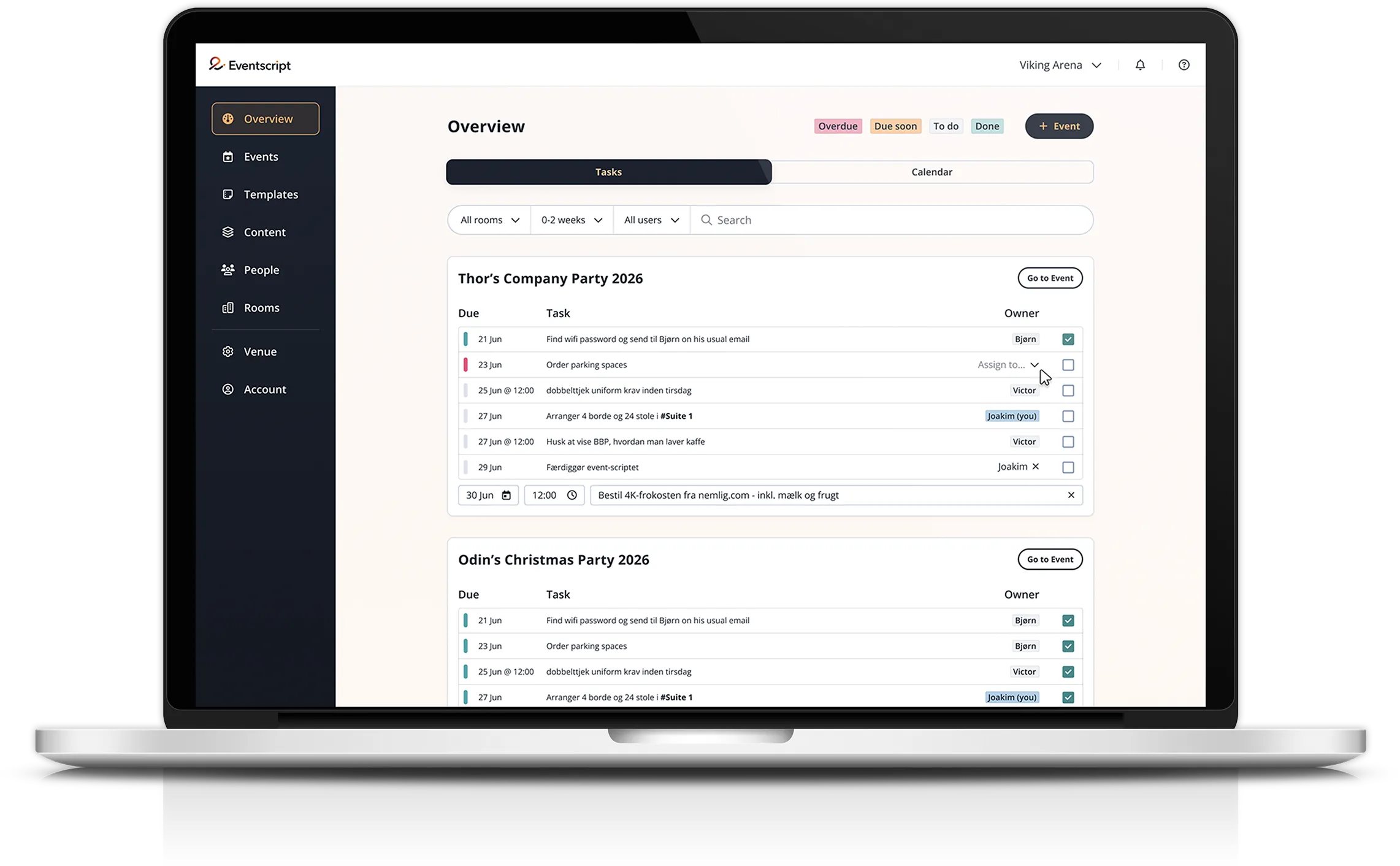 Task management mockup inside the event management platform.
