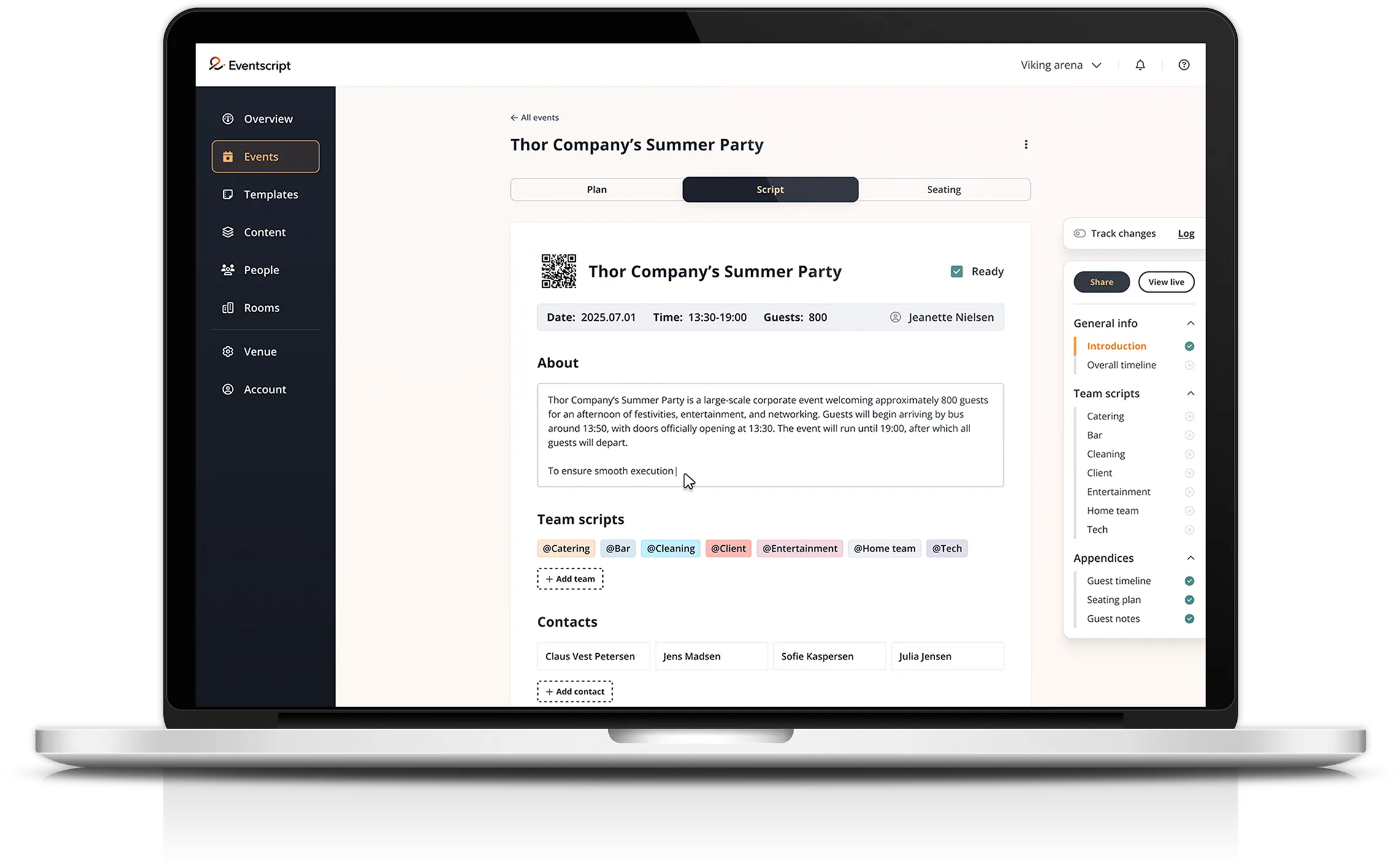 Mockup of an event script showing the timeline feature, inside the event management software.