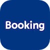 Booking Logo mit weiser Booking Schrift auf blauem Hintergrund