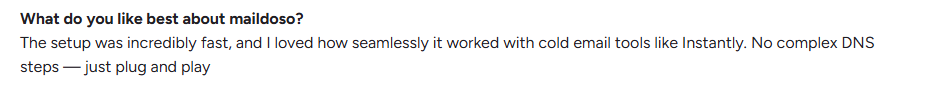 maildoso user review on g2.com about its fast setup
