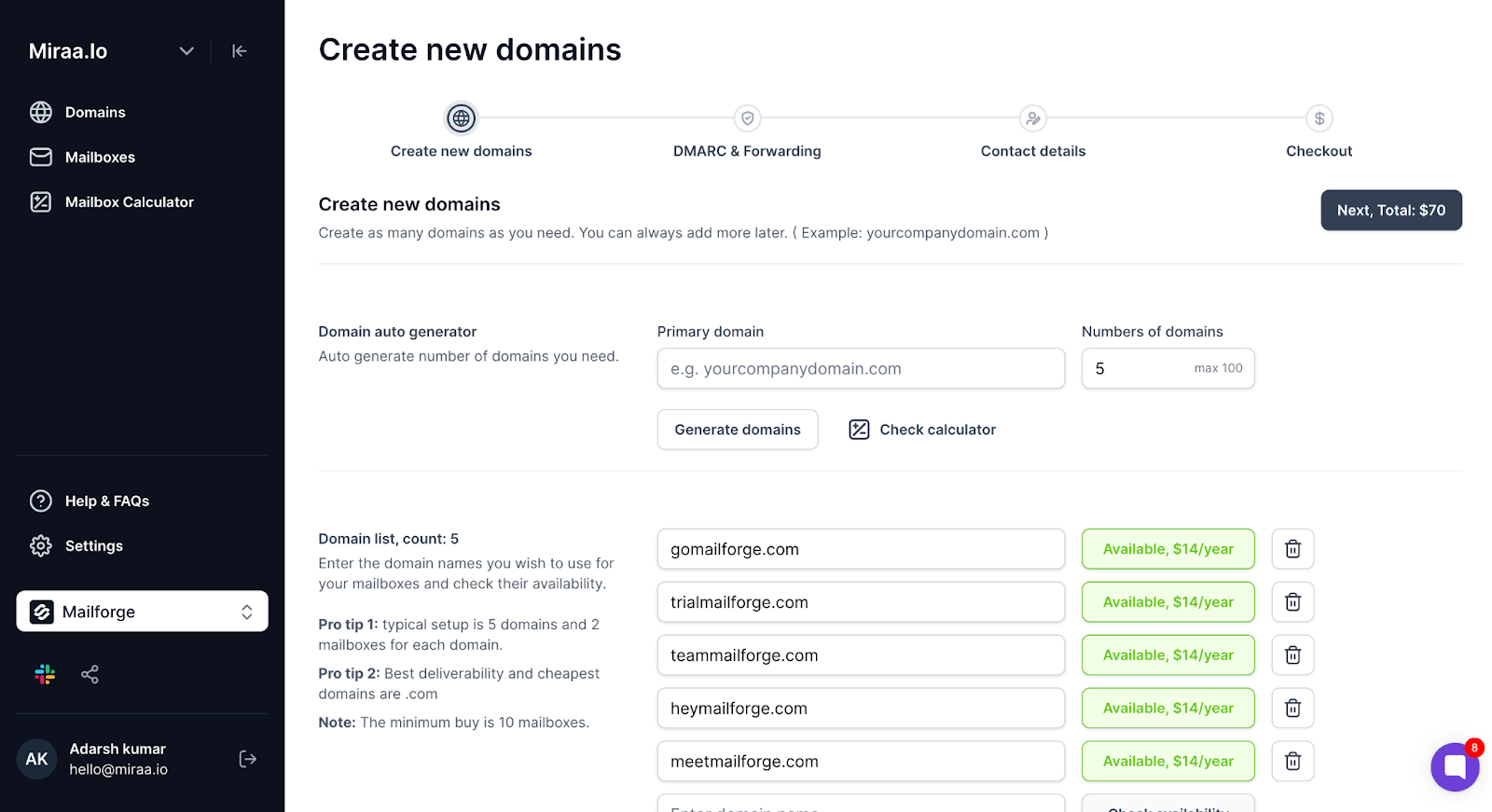Buying domains in Mailforge