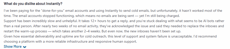 Instantly user review on g2.com about its intuitive interface
