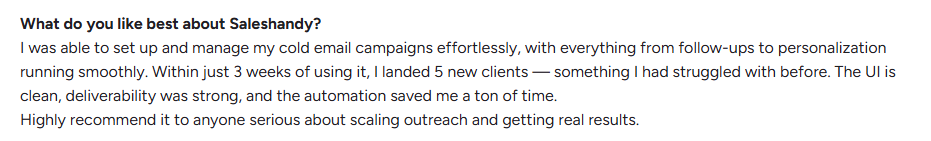 Saleshandy review on G2.com