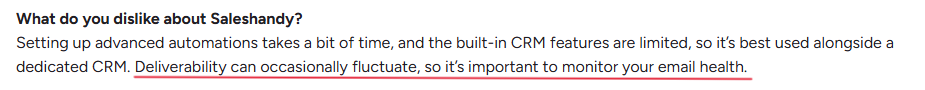 Saleshandy user disappointment with its deliverability glitches