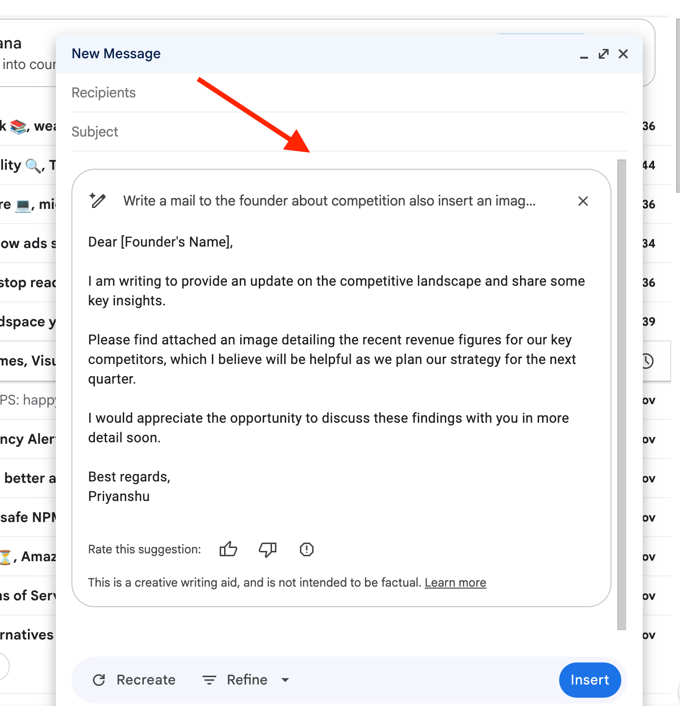 Gemini Writing personalized email 