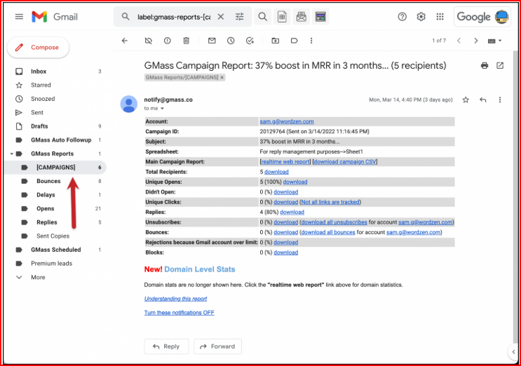 Gmass Email reporting
