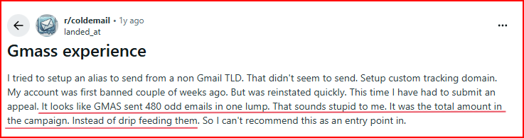 Gmass user complaining about sending large, low-quality emails