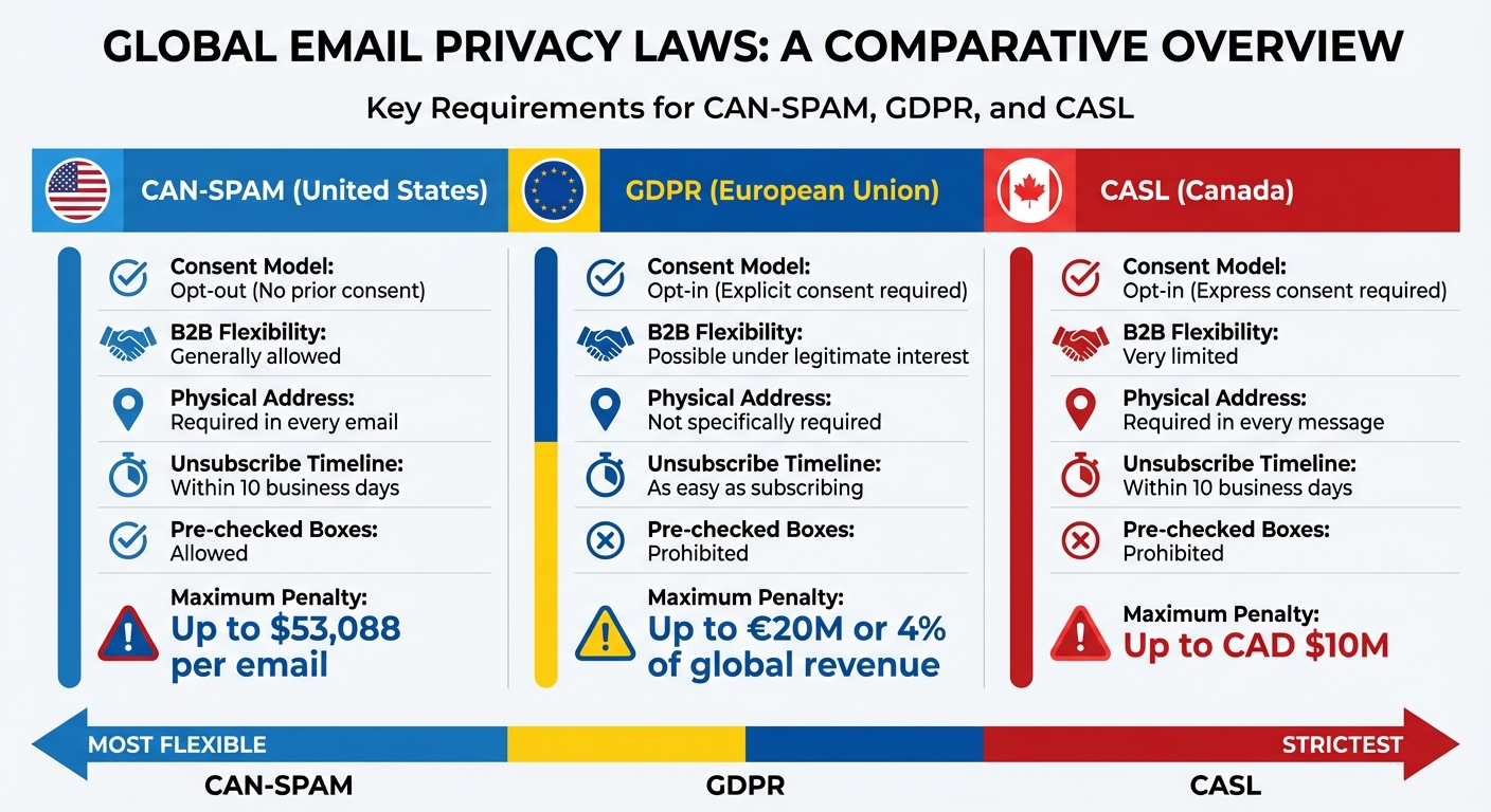 CAN-SPAM vs GDPR vs CASL: Cold Email Compliance Requirements Comparison