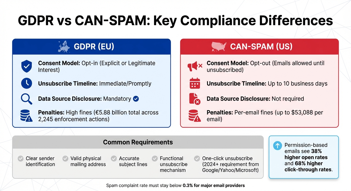GDPR vs CAN-SPAM Email Compliance Requirements Comparison 2025