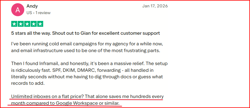 Inframail user talking about its flat pricing