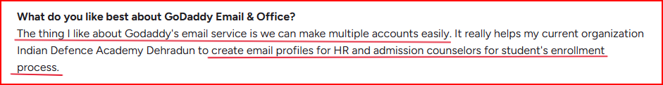 GoDaddy User complimenting its ability to create multiple email accounts‍
